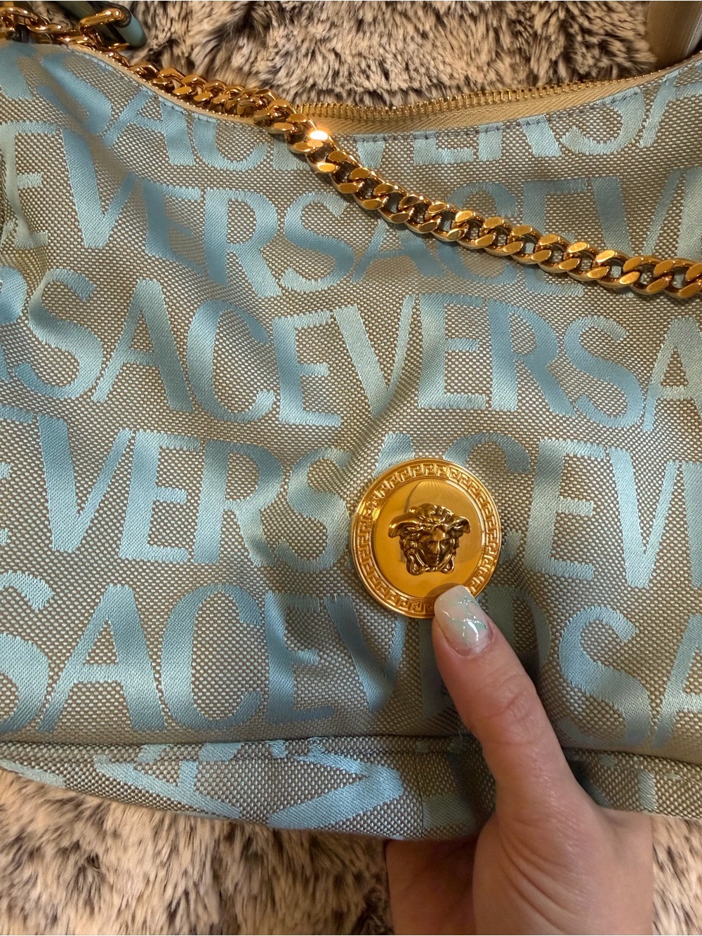 Versace Light Blue Logo Jacquard Shoulder Bag with Gold Chain Detail - Picture 2 of 9